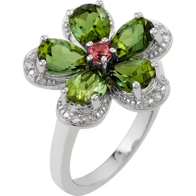 Womens Diamond Accent Green Tourmaline Sterling Silver Flower Cocktail Ring