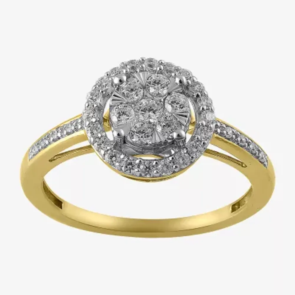 Womens 1/2 CT. T.W. Natural White Diamond 14K Gold Round Halo Cocktail Ring