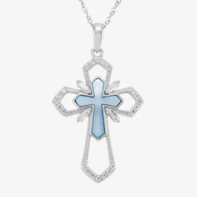 DiamonArt® Womens Blue Cubic Zirconia Sterling Silver Cross Pendant Necklace