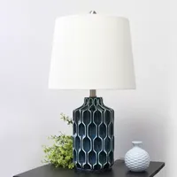 Blue Polyresin Table Lamp with White Fabric Shade