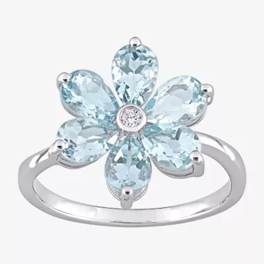 Womens Diamond Accent Genuine Blue Aquamarine 14K White Gold Flower Cocktail Ring