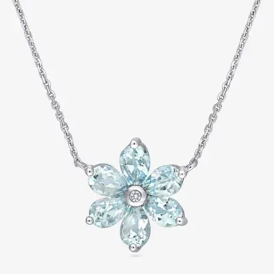 Womens Diamond Accent Genuine Blue Aquamarine 14K White Gold Flower Pendant Necklaces