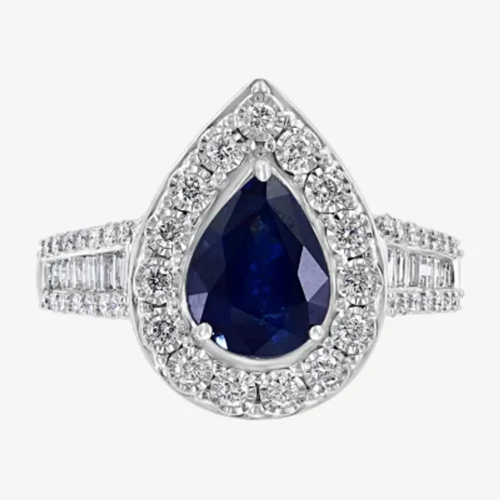 Effy Womens 1/2 CT. T.W. Diamond & Genuine Blue Sapphire 14K White Gold Pear Halo Cocktail Ring