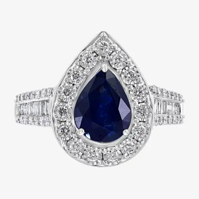 Effy Womens 1/2 CT. T.W. Diamond & Genuine Blue Sapphire 14K White Gold Pear Halo Cocktail Ring