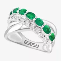 Effy 1/6 CT. T.W. Diamond & Genuine Green Emerald Sterling Silver Crossover Band