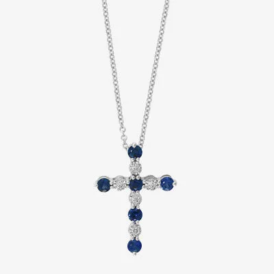 Effy  Womens Diamond Accent Genuine Blue Sapphire Sterling Silver Cross Pendant Necklace