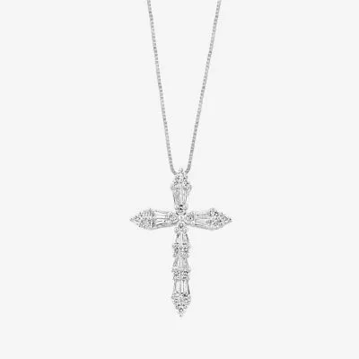 Effy  Womens 1/2 CT. T.W. Mined White Diamond 14K White Gold Cross Pendant Necklace