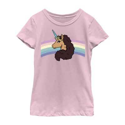 Little & Big Girls Crew Neck Short Sleeve Afro Unicorn Graphic T-Shirt