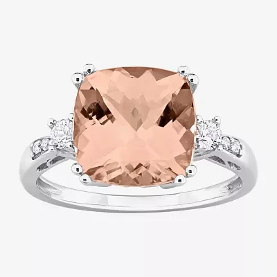 Womens Diamond Accent Genuine Pink Morganite 10K White Gold Cushion Cocktail Ring