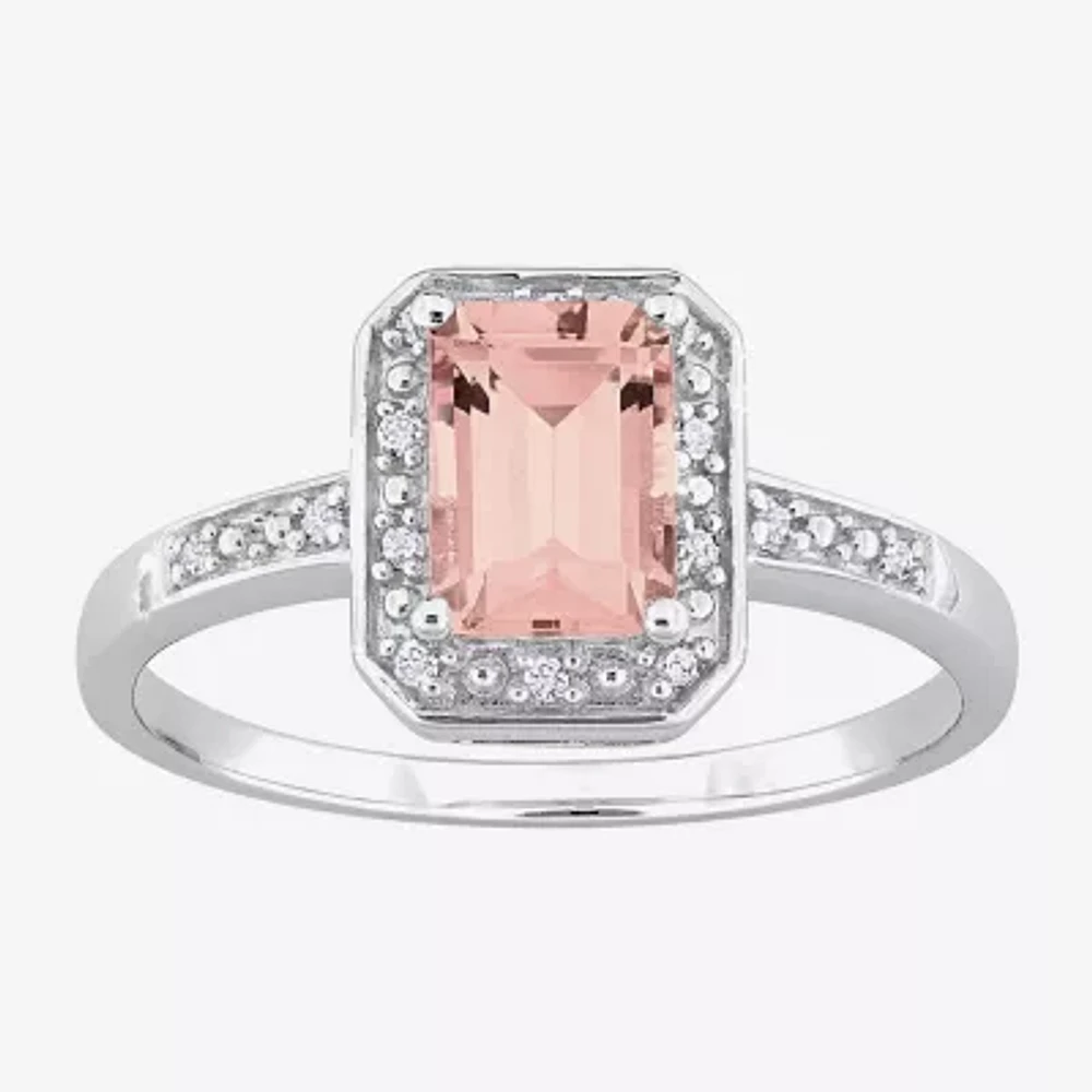 Womens Diamond Accent Genuine Pink Morganite Sterling Silver Halo Cocktail Ring