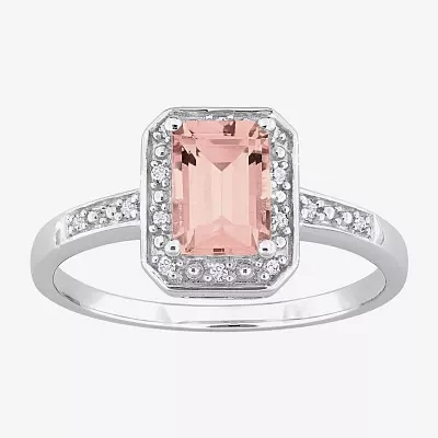 Womens Diamond Accent Genuine Pink Morganite Sterling Silver Halo Cocktail Ring