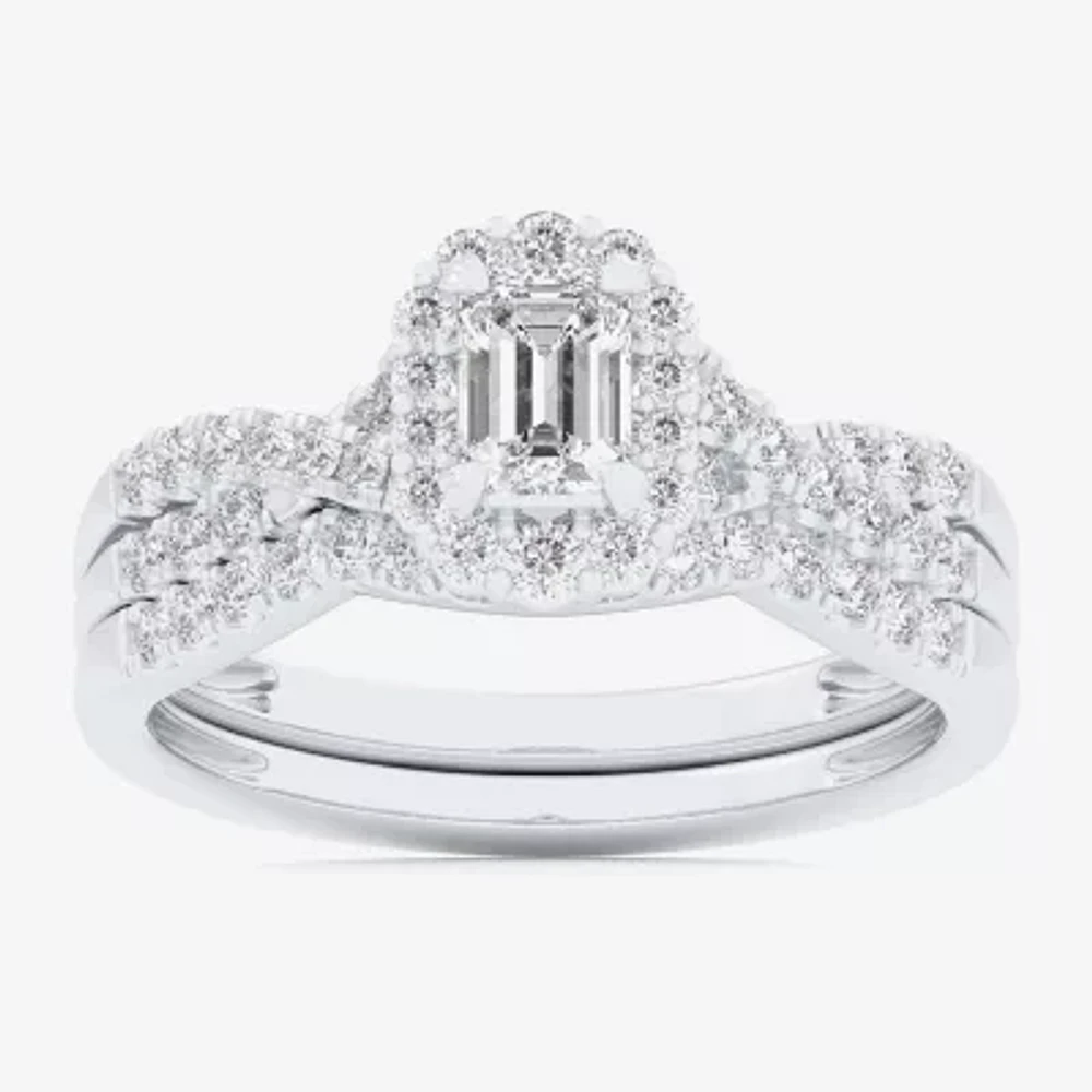 (G-H / Si1-Si2) Womens 7/8 CT. T.W. Lab Grown White Diamond 10K Gold Side Stone Halo Bridal Set