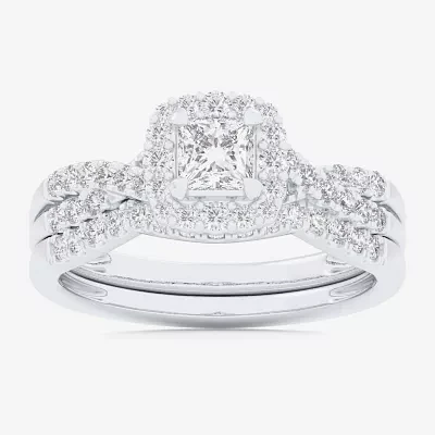 (G-H / Si1-Si2) Womens 7/8 CT. T.W. Lab Grown White Diamond 10K Gold Cushion Side Stone Halo Bridal Set