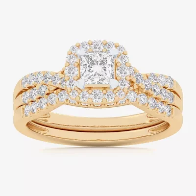 (G-H / Si1-Si2) Womens 7/8 CT. T.W. Lab Grown White Diamond 10K Gold Cushion Side Stone Halo Bridal Set