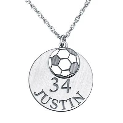 Personalized Unisex Adult Soccer Ball Double-Charm Name and Player Number Pendant Necklace