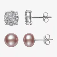 YES PLEASE! 2 Pair Earring Sets With Lab Created White Sapphire and Pink Cultured Freshwater Pearl Stud Earrings in Sterling Silver