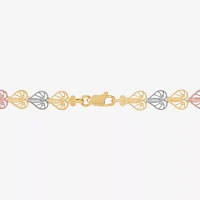 14K Tri-Color Gold 7.5 Inch Solid Link Heart Link Bracelet