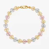 14K Tri-Color Gold 7.5 Inch Solid Link Heart Link Bracelet