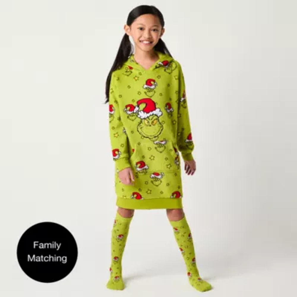 Girls Dr. Seuss Grinch Fleece Long Sleeve Hooded Matching Family Nightshirt