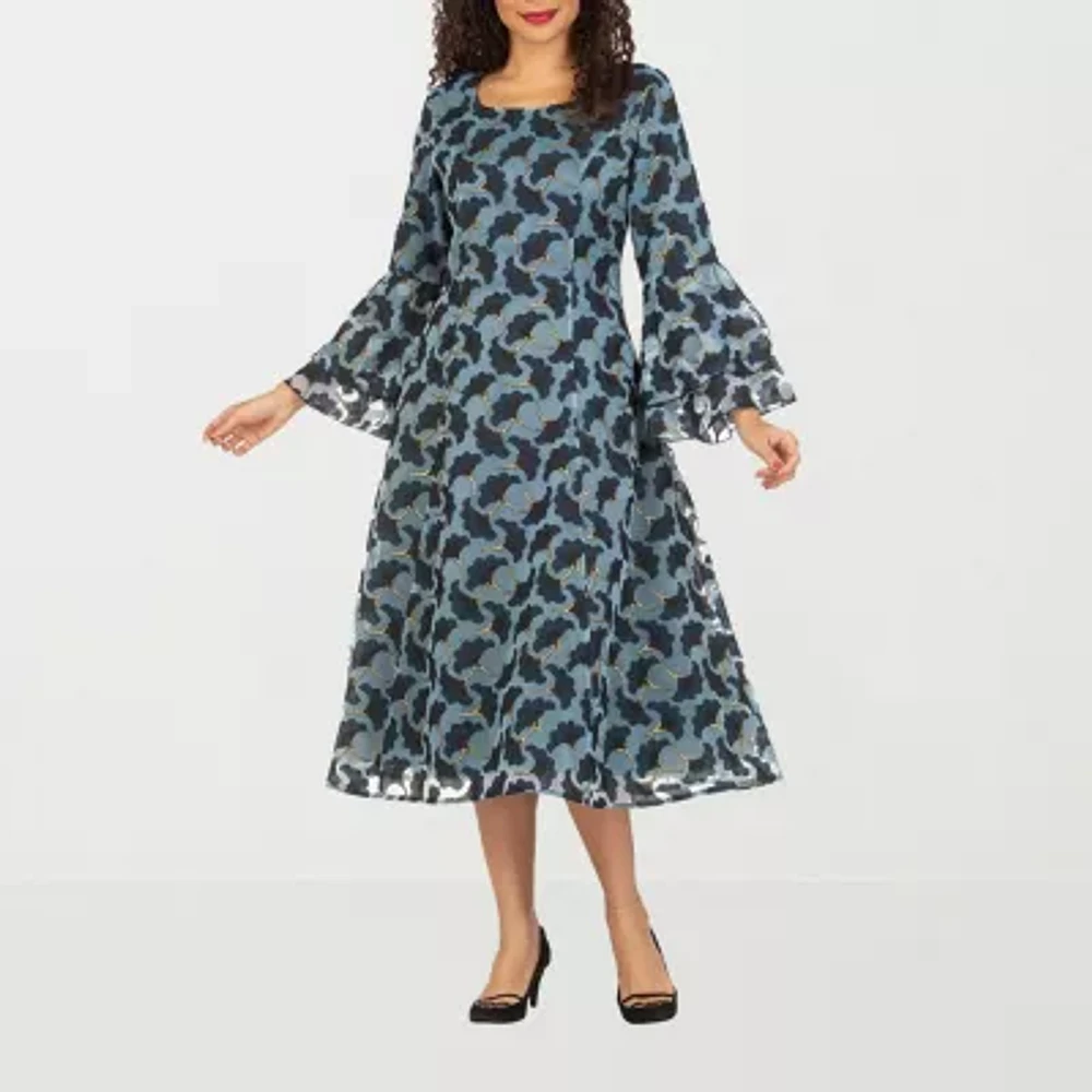 Giovanna Signature Womens Long Sleeve Leaf Midi A-Line Dress Plus