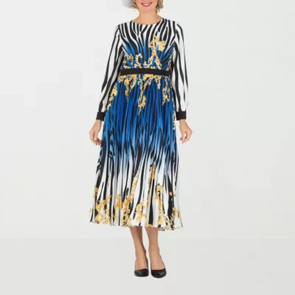 Giovanna Signature Womens Long Sleeve Abstract Midi Fit + Flare Dress Plus