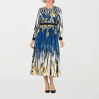 Giovanna Signature Womens Long Sleeve Abstract Midi Fit + Flare Dress Plus