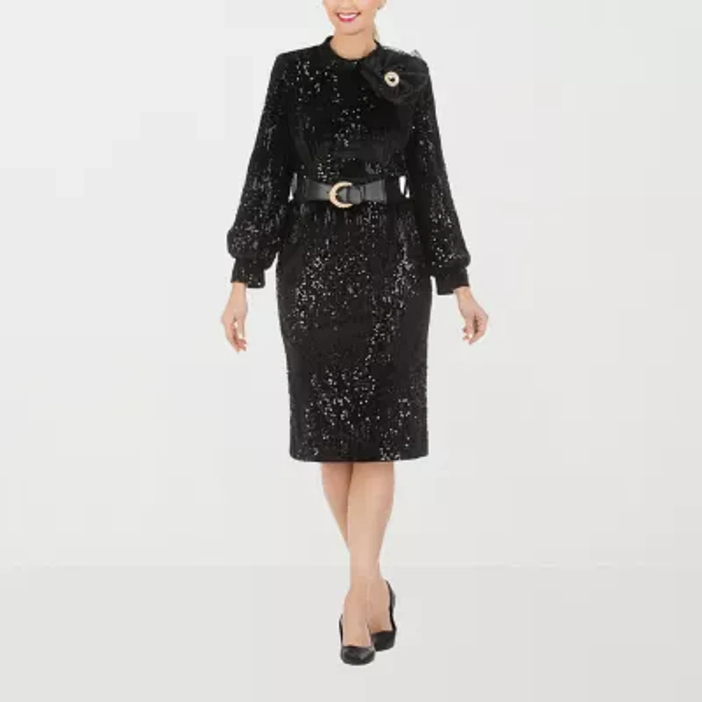 Giovanna Signature Womens Long Sleeve Sequin Shift Dress Plus