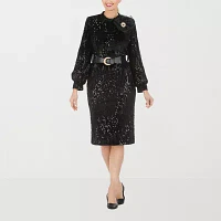 Giovanna Signature Womens Long Sleeve Sequin Shift Dress Plus