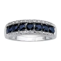 2MM Diamond Accent Genuine Blue Sapphire Platinum Over Silver Band