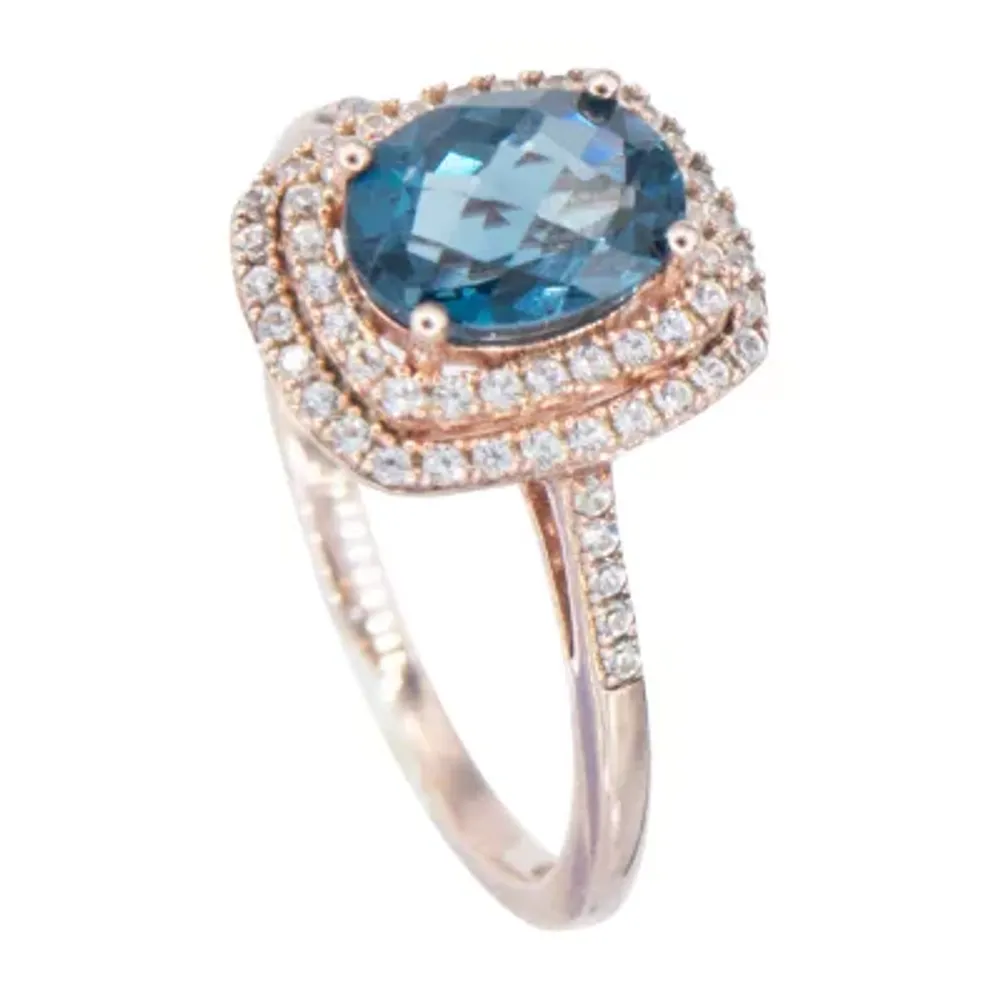 Womens Genuine Blue Topaz 14K Rose Gold Over Silver Halo Cocktail Ring