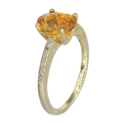 Womens Genuine Yellow Citrine 14K Gold Over Silver Halo Cocktail Ring