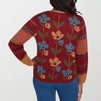 Alfred Dunner Harvest Moon Womens Crew Neck Long Sleeve Floral Pullover Sweater