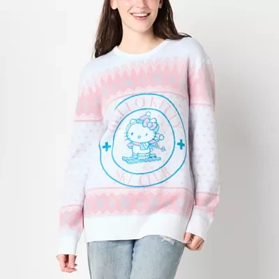 Juniors Hello Kitty  Snow Angel Intarsia Crew Sweater Womens Neck Long Sleeve Pullover