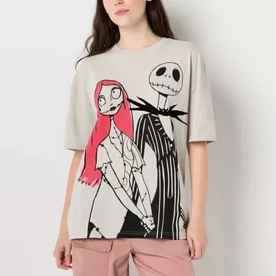 Juniors Tim Burtons Nightmare Before Christmas Oversized Tee Womens Crew Neck Short Sleeve Graphic T-Shirt