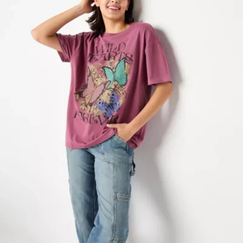 Juniors Floral Oversized Tee Womens Crew Neck Short Sleeve Graphic T-Shirt