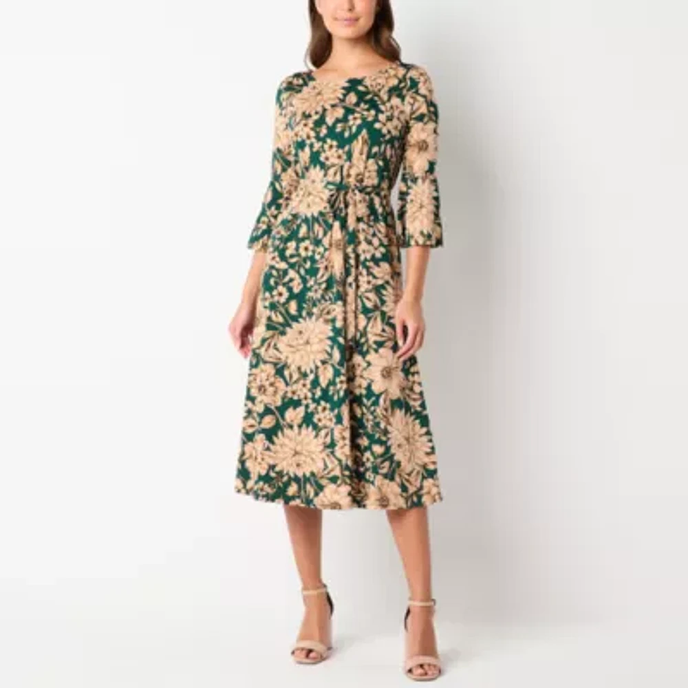 Perceptions Womens 3/4 Sleeve Floral Fit + Flare Dress