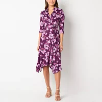 Perceptions Womens 3/4 Sleeve Floral Midi Fit + Flare Dress