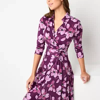 Perceptions Womens 3/4 Sleeve Floral Midi Fit + Flare Dress