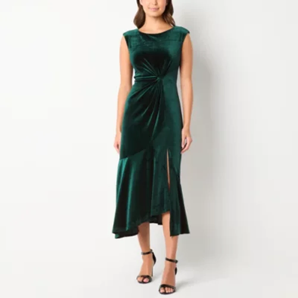 Danny & Nicole Womens Velvet Sleeveless Midi Sheath Dress