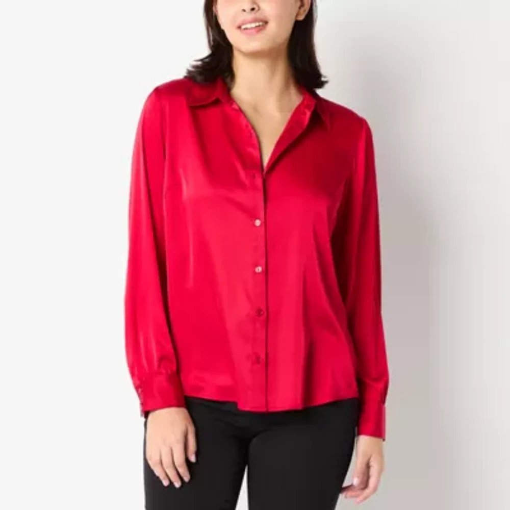 by&by Juniors Womens Long Sleeve Regular Fit Button-Down Shirt