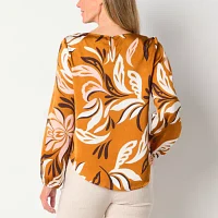 Liz Claiborne Womens Round Neck Long Sleeve Satin Blouse