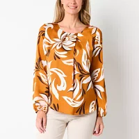 Liz Claiborne Womens Round Neck Long Sleeve Satin Blouse