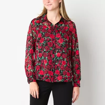 by&by Juniors Womens Long Sleeve Regular Fit Button-Down Shirt