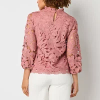 52seven Womens Mock Neck 3/4 Sleeve Lace Blouse