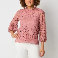 52seven Womens Mock Neck 3/4 Sleeve Lace Blouse