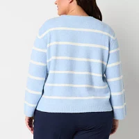 Worthington Plus Womens Crew Neck Long Sleeve Striped Pullover Sweater