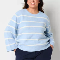 Worthington Plus Womens Crew Neck Long Sleeve Striped Pullover Sweater