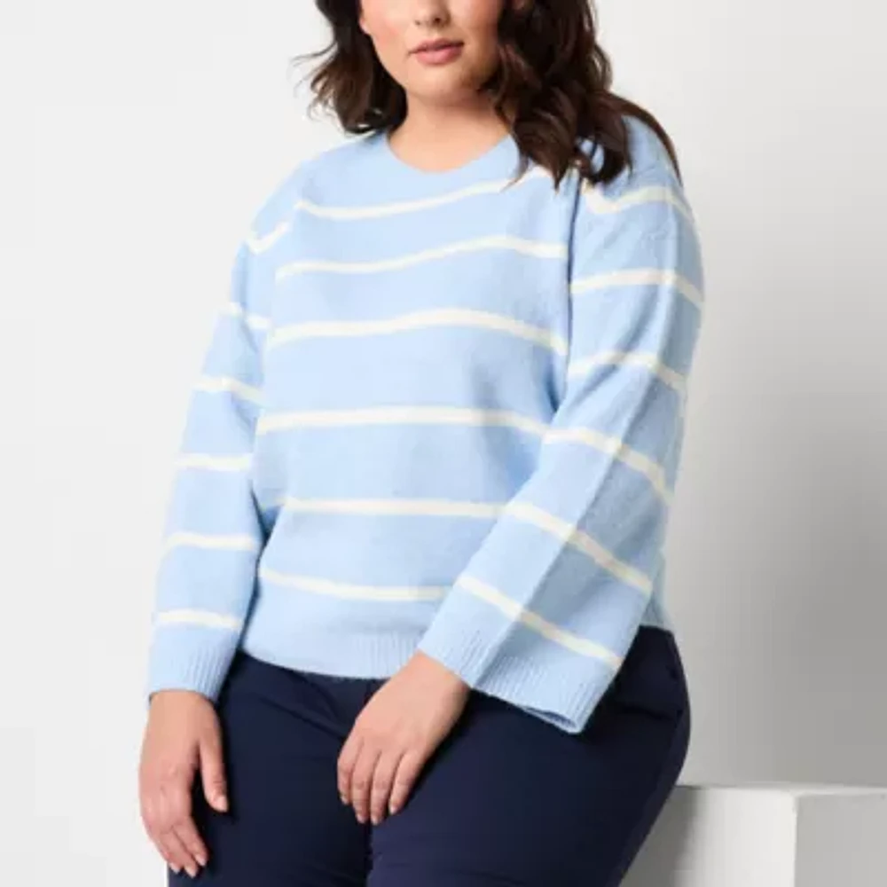 Worthington Plus Womens Crew Neck Long Sleeve Striped Pullover Sweater