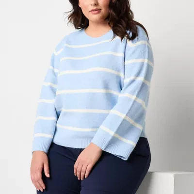 Worthington Plus Womens Crew Neck Long Sleeve Striped Pullover Sweater