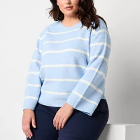 Worthington Plus Womens Crew Neck Long Sleeve Striped Pullover Sweater